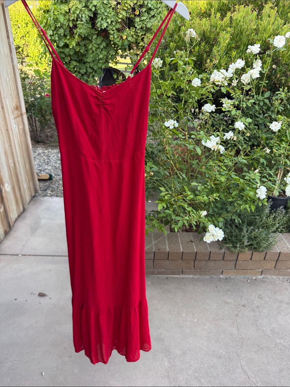 Red Reformation Slip Midi Dress with Ruffle Hem